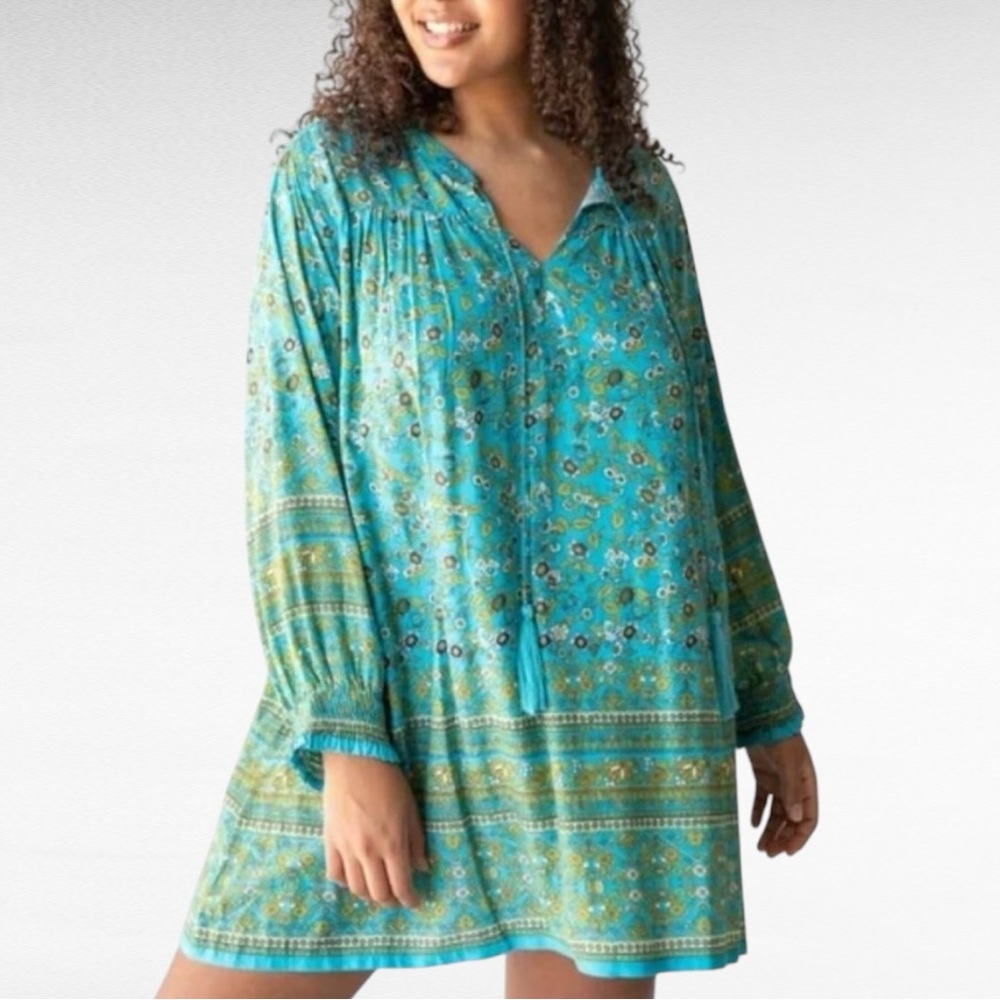 Natural Life | Green Blue Dara Dress Floral Peasant Boho Tassel Vacay Shirtdress